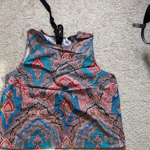 J. Crew Blue and Red Paisley cotton sleeve less blouse with black grosgrain bow